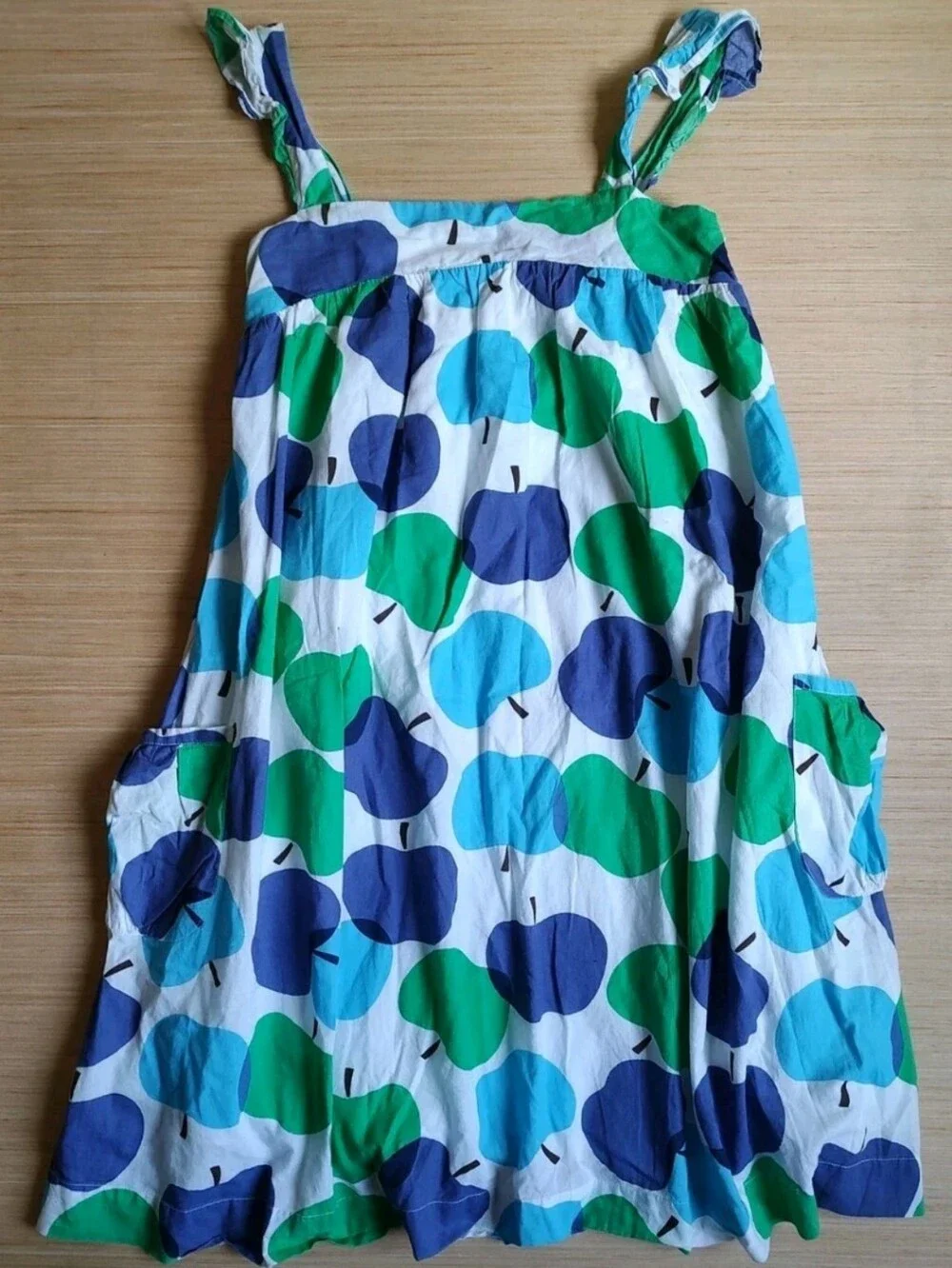 Mini Boden Girls Dress White Blue Green Ruffle Straps Apple Zip Pockets 13 14 Y